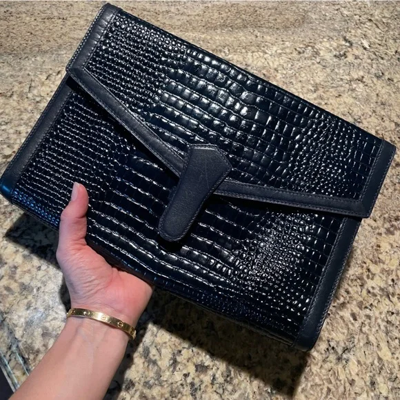 Stefano Serapian navy blue alligator crocodile embossed leather clutch vintage - Picture 2 of 8